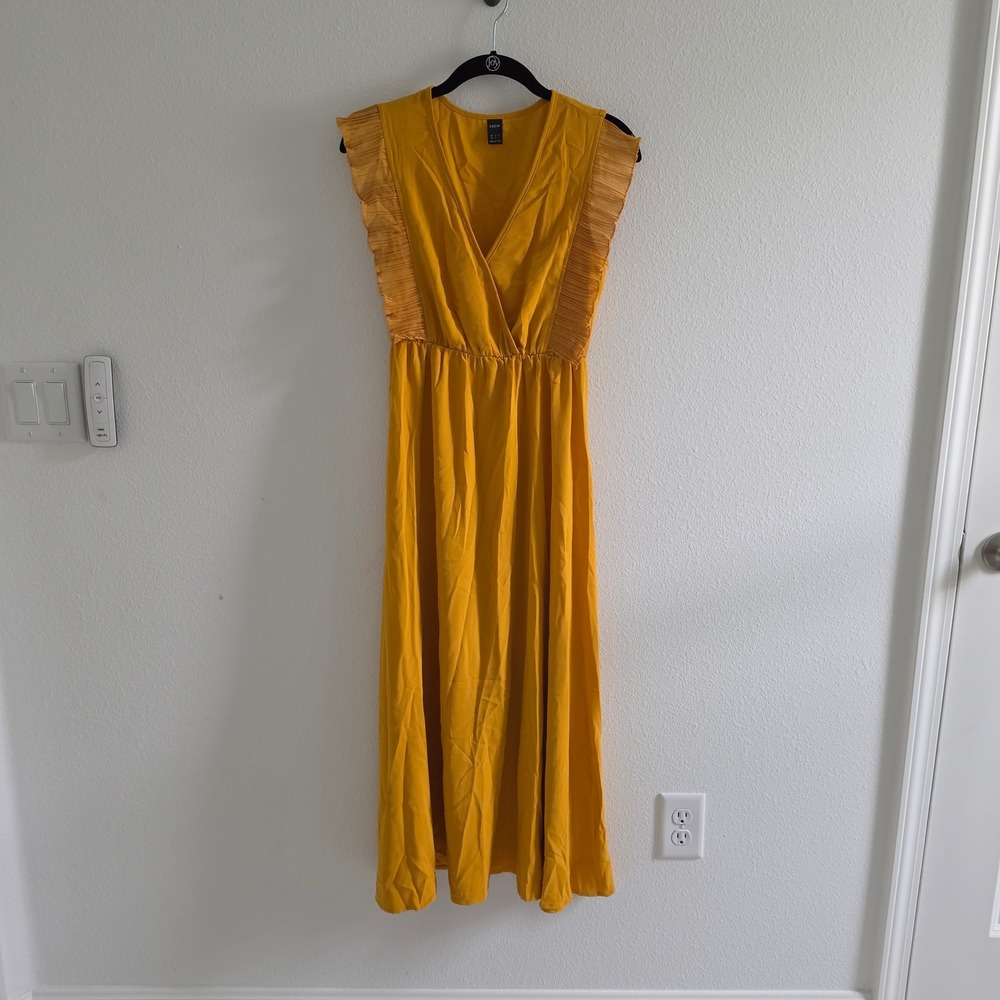 Womens Mustard Yellow Ruffle Trim V-Neck Elastic Waist Maxi Dress Size XS